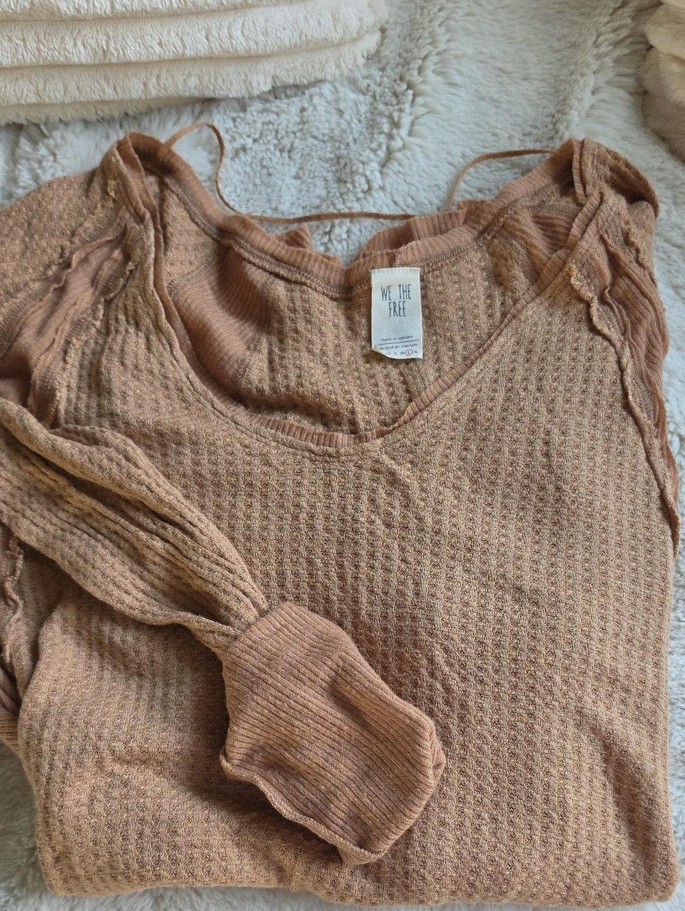 We The Free V-Neck Waffle-Knit Shirt in Dusty Tan